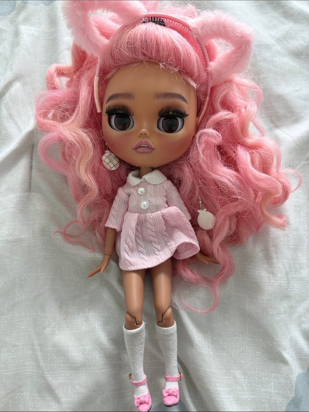 Pink Curly-Haired Blythe Fashion Doll with Cat Ear Headband
